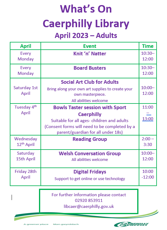 CaerphillyLib's tweet photo. Whatโs On Caerphilly Library!
April 2023 โ Adults
#Caerphilly #Caerphillylibrary https://t.co/87eIljKWbw
