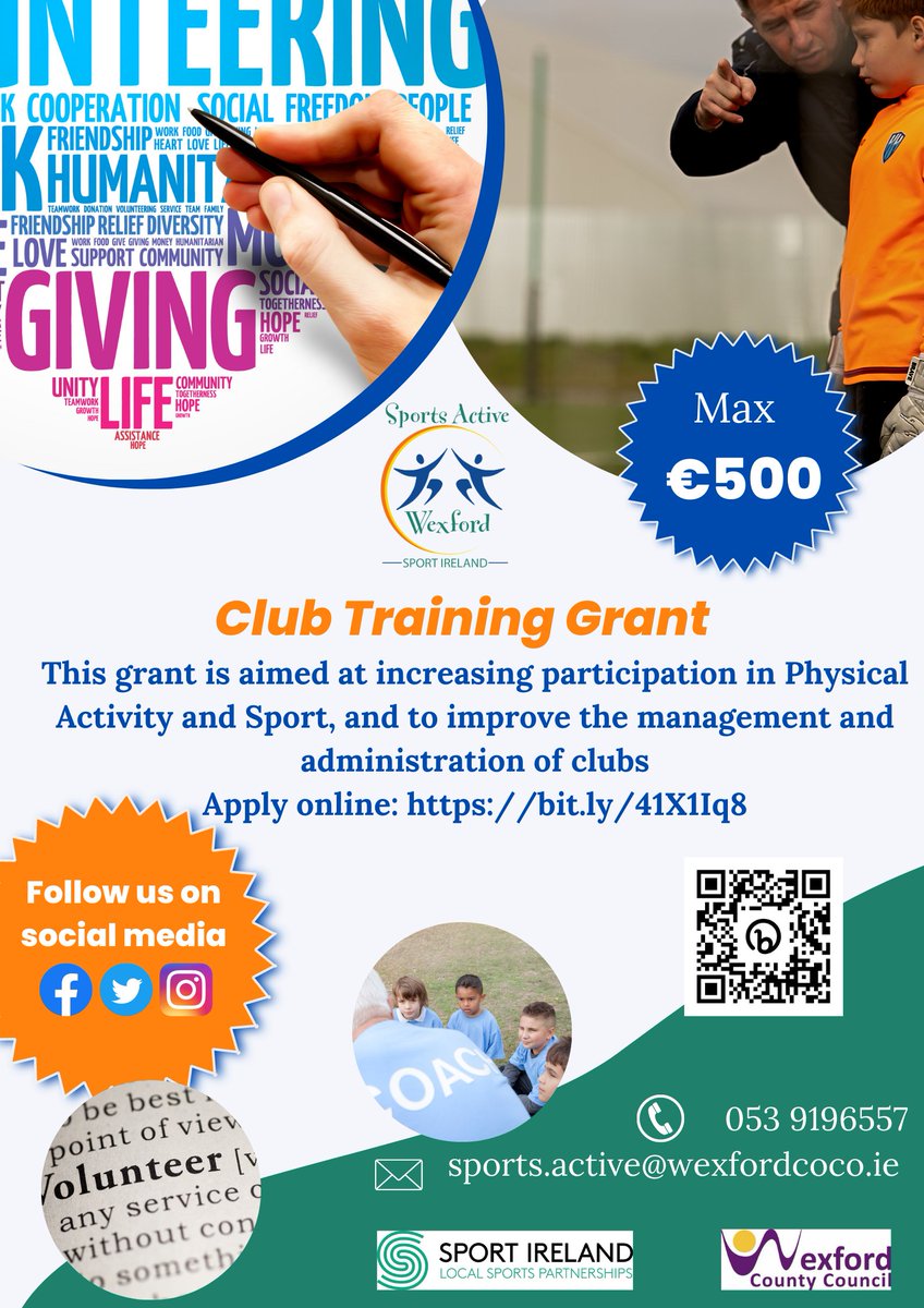 SportActiveWex's tweet photo. ⭐️Club Training Grant ⭐️

Our Club Training Grant is now open for applications.   You can apply online at: https://t.co/BorqtKIpFv

For more information see our website: https://t.co/0hocMgKLD9

#Funding #Sports #Wexford #TrainingGrant https://t.co/V7NkCLllQy