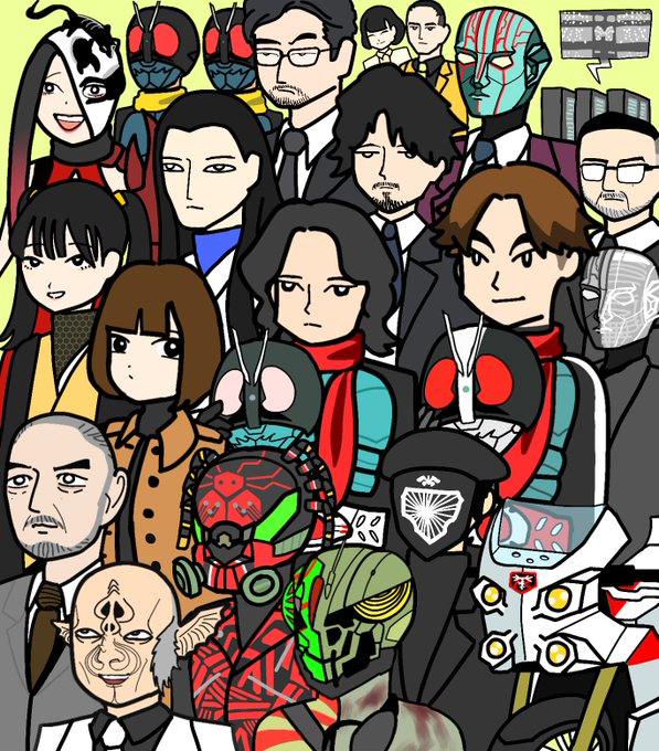 #シン・仮面ライダー シン・仮面ライダーキャラクター集合絵描きました#本郷猛 #一文字隼人 #緑川ルリ子 #緑川イチロー #緑川弘 #クモオーグ #ハチオーグ #コウモリオーグ #サソリオーグ #KKオーグ #ケイ #大量発生型相変異バッタオーグ #サイクロン号 #SHOKER 戦闘員、創設者 文字数なので以下省略 
