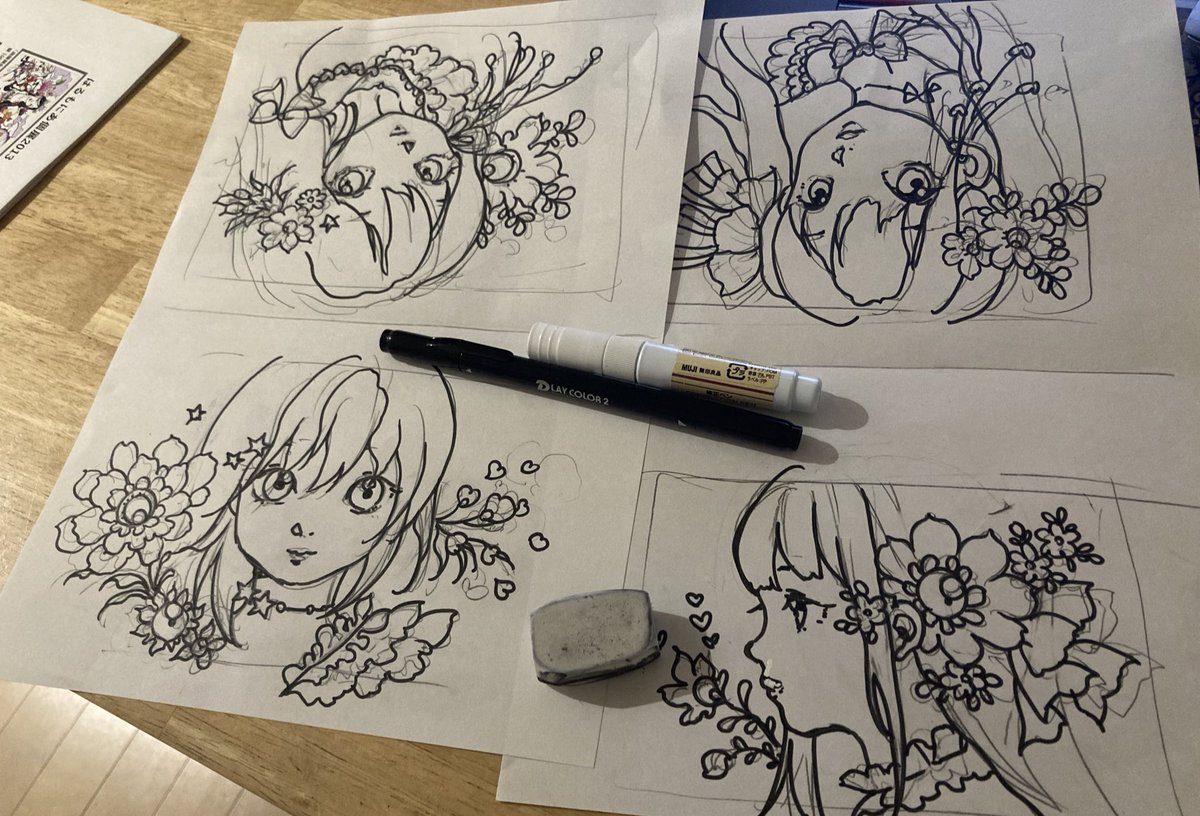 natsukiotake's tweet photo. これらは18×23cmの小さな絵になります。
これから色つけるかな…
（´-`）.｡oOねむい https://t.co/kmwx7VvIOL
