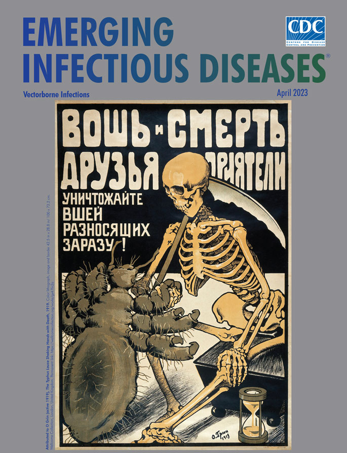 Cover image for April 2023 Emerging Infectious Diseases journal is vectorborne pathogens &amp; cover image is a 1919 public health poster “The Typhus Louse Shaking Hands with Death.” More info: wwwnc.cdc.gov/eid/article/29…