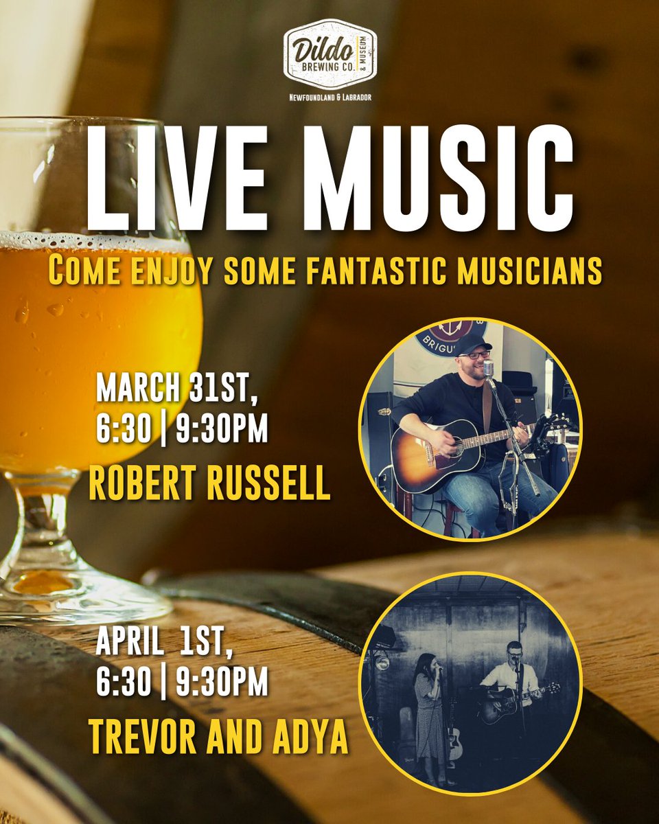 Get ready for a weekend of live entertainment that will have you dancing out of your seat! 🎶 Join us on Friday, March 31st and April 1st from 6:30pm - 9pm as we welcome the talented Robert Russell on Friday and the dynamic duo of Trevor and Adya on Saturday. 🍻