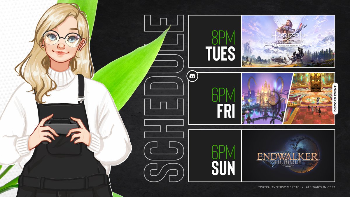 thisismerete's tweet photo. ✨ WEEKLY SCHEDULE ✨
「 Week of March 27 - April 2 」

▫️ Tuesday - Horizon Zero Dawn
▫️ Friday - FFXIV | Treasure Hunt*
▫️ Sunday - FFXIV | Tank Leveling

* This event will take place in our Discord server.

🔗: https://t.co/siIu3o7tgq
🔗: https://t.co/KcXIZRyij4 https://t.co/VzCFYx7meQ