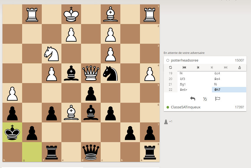 Bonjour <a href="/potterheadsoree/">Catherine Chotard</a> !
C'est vrai Le fou nous met en échec.
Nous déplaçons notre roi en h7.
#quotichess