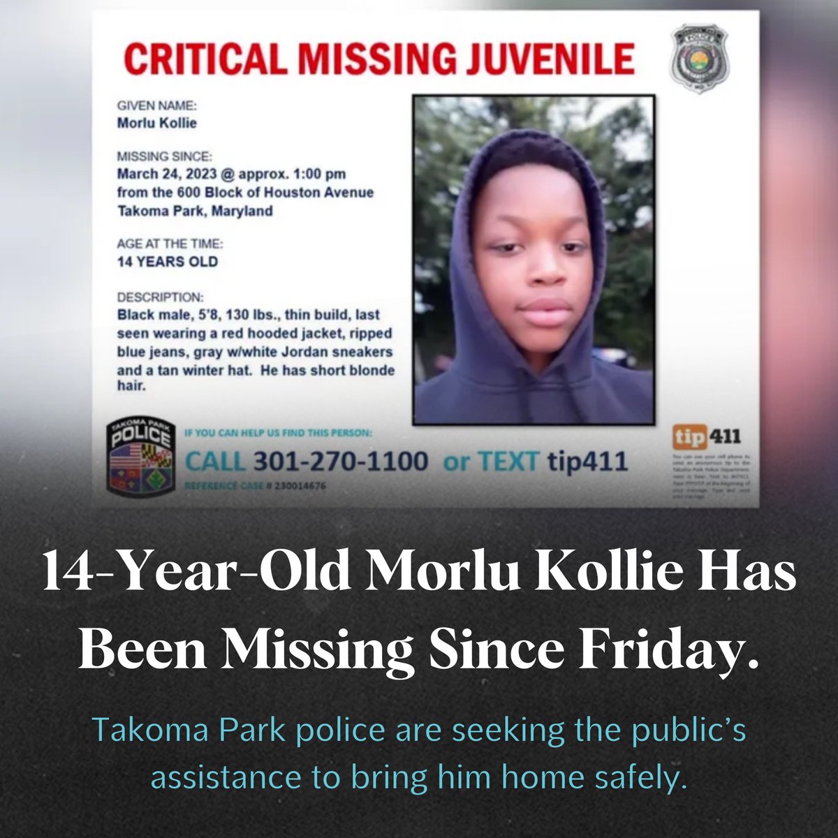 Last week, we saw an incredible outcome in the missing person case of Scottie Morris.
Let’s take that energy and share Morlu’s case to give it the attention and awareness it deserves to bring him home safely.

Tips: Takoma Park at 301-270-1100.

#MissingPersonAlert #maryland