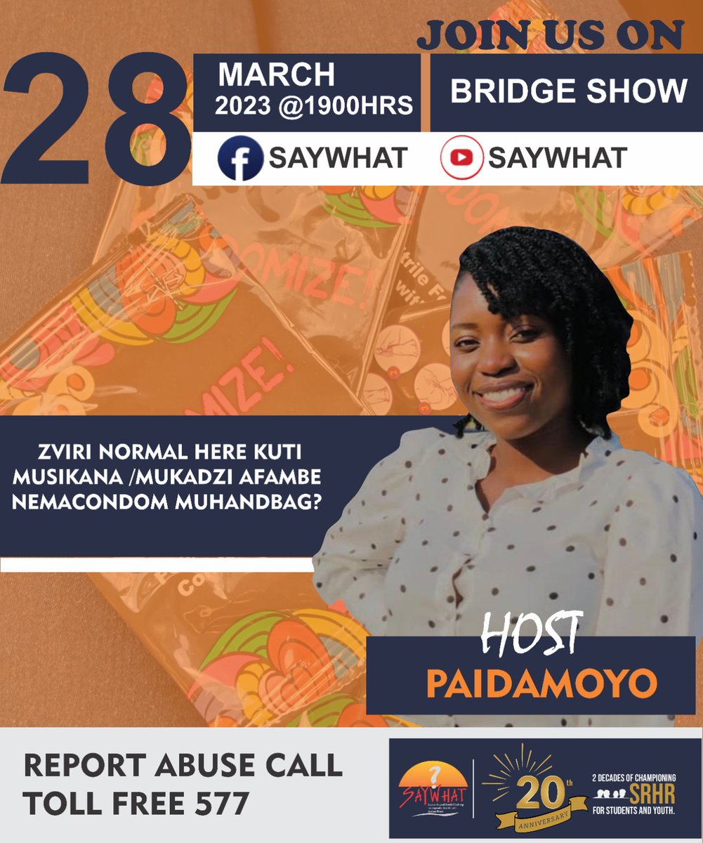 SAYWHATOrg's tweet photo. The Bridge Show returns this Tuesday. 

"Zviri normal here kuti musikana afambe nemaCondom muHandbag?"

Don`t miss it. https://t.co/tIYsfVzhX8