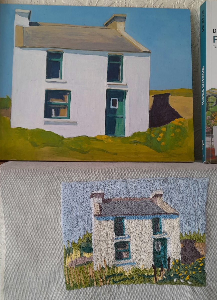 SwanseaArtist's tweet photo. "House with Green Door, Inishbofin (Donegal)" the painting which was reinterpreted as #textileart #chainstitched #inishbofin #donegal https://t.co/2HClPlwPuy