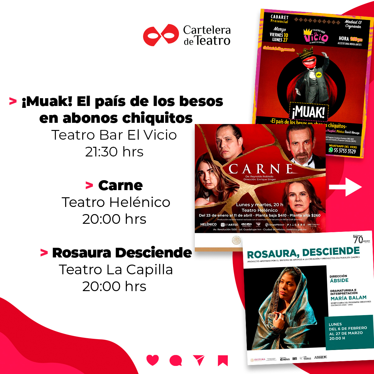 Cartelera de Teatro (@elteatrocdmx) on Twitter photo 4. ¡Muak!, en <a href="/elvicioteatro/">Teatro Bar El Vicio</a> +info: carteleradeteatro.mx/2023/muak-el-p…
5. Carne, en el <a href="/Helenico/">Centro Cultural Helénico</a> +info: carteleradeteatro.mx/2022/carne/
6. Rosaura desciende, en <a href="/LaCapillaTeatro/">Teatro La Capilla</a> +info: carteleradeteatro.mx/2022/rosaura-d… 4. ¡Muak!, en <a href="/elvicioteatro/">Teatro Bar El Vicio</a> +info: carteleradeteatro.mx/2023/muak-el-p…
5. Carne, en el <a href="/Helenico/">Centro Cultural Helénico</a> +info: carteleradeteatro.mx/2022/carne/
6. Rosaura desciende, en <a href="/LaCapillaTeatro/">Teatro La Capilla</a> +info: carteleradeteatro.mx/2022/rosaura-d…