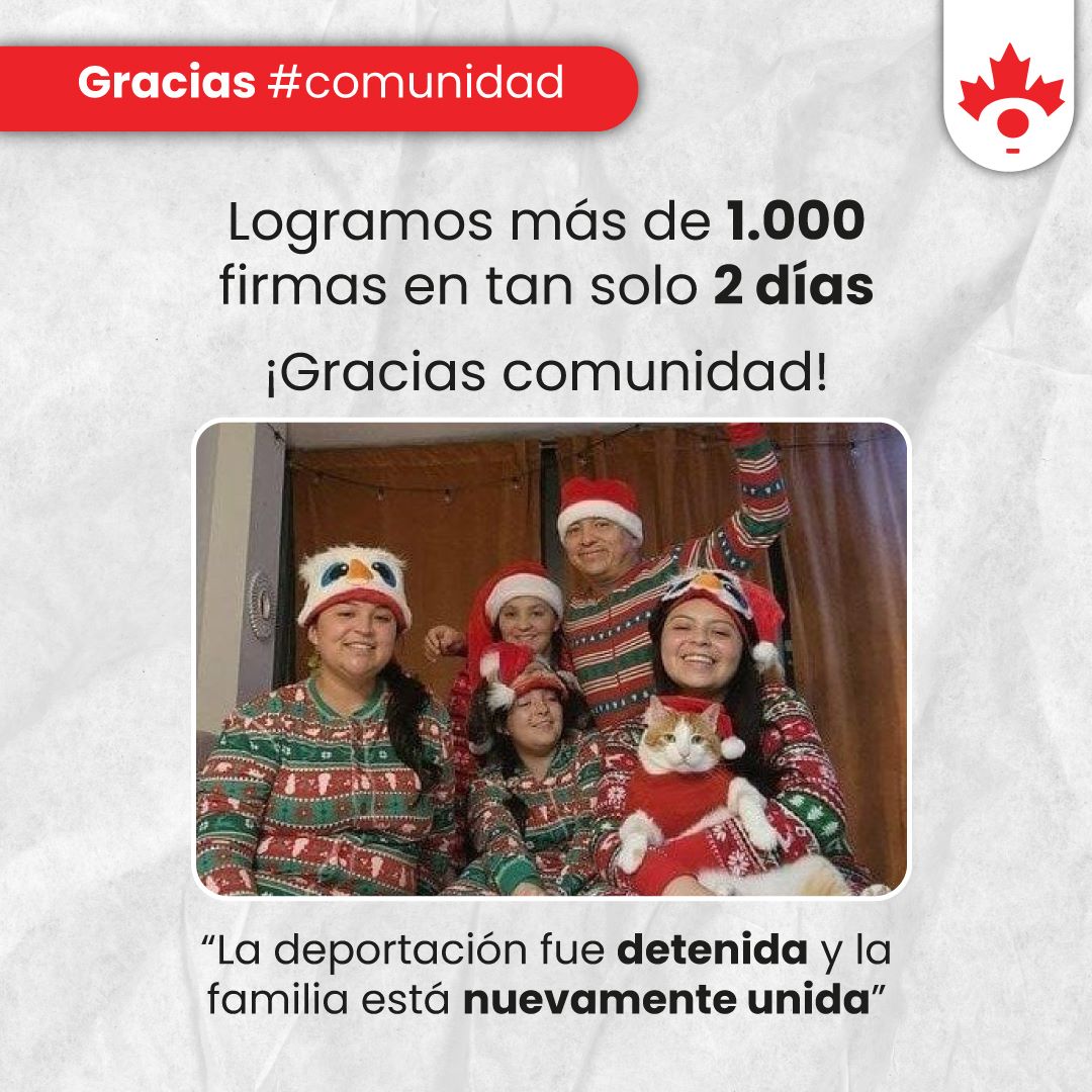 #Noticia Gracias a la solidaridad de todos ustedes, logramos detener la deportación. La familia se encuentra nuevamente unida, seguiremos luchando como equipo Colombian Refugees y de la mano de la comunidad para que conserven su hogar en Canadá. #SolidaridadEnAcción #refugees
