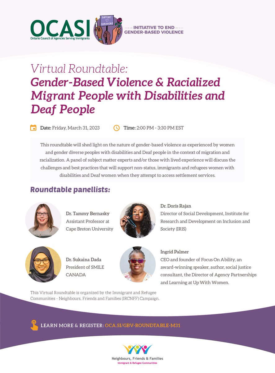 New Society Institute (@nsinstitute) on Twitter photo Join us for <a href="/OCASIGBV/">OCASI - Initiative to End Gender-Based Violence</a> Immigrant & Refugee Communities Neighbourhoods, Family, & Friends (IRCNFF) Campaign Roundtable on Gender-Based violence & Racialized Migrant People with Disabilities and Deaf People this Friday 2-3 pm EST
Learn More & Register here: oca.si/GBV-Roundtable… Join us for <a href="/OCASIGBV/">OCASI - Initiative to End Gender-Based Violence</a> Immigrant & Refugee Communities Neighbourhoods, Family, & Friends (IRCNFF) Campaign Roundtable on Gender-Based violence & Racialized Migrant People with Disabilities and Deaf People this Friday 2-3 pm EST
Learn More & Register here: oca.si/GBV-Roundtable…