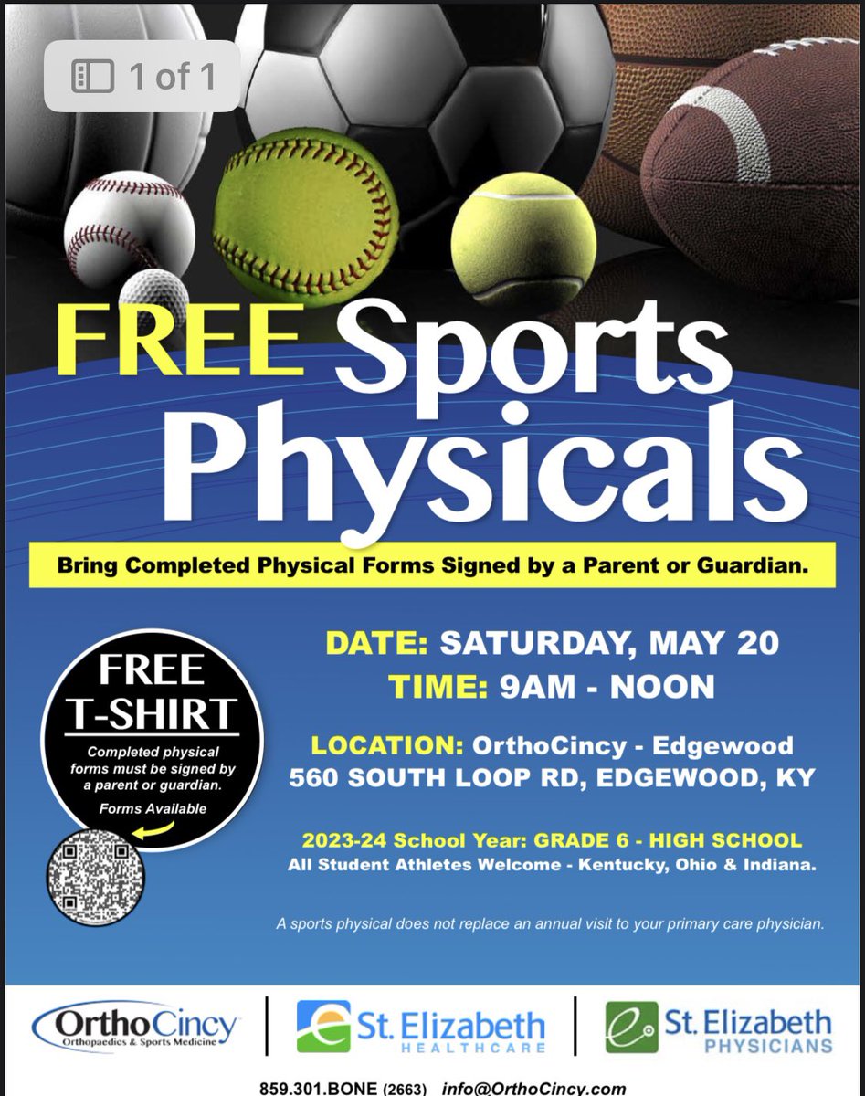 BooneCoRebels's tweet image. #SaveTheDate! @StElizabethNKY and @OrthoCincy are offering free physicals in Edgewood on May 20 from 9 a.m. to noon.