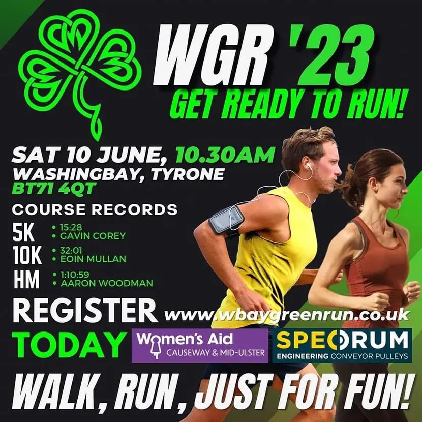 ☘️ Washingbay Green Run 2023☘️

📆 Saturday 10th June
⏱10:30am
📍Derrylaughan, Co Tyrone (BT71 4QT)

Sign up today @
wbaygreenrun.co.uk

<a href="/AthleticsNI/">Athletics NI</a>