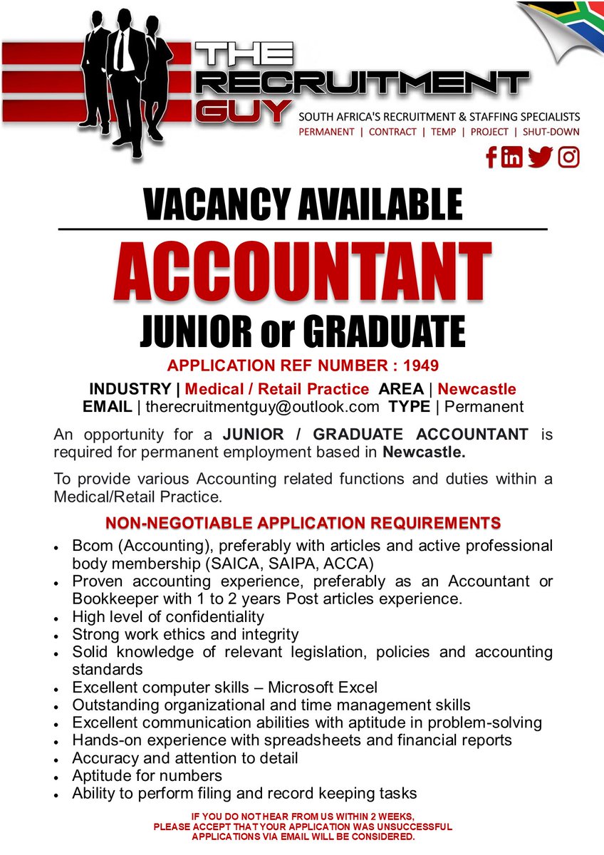 GuyRecruitment's tweet image. An opportunity for an experienced JUNIOR / GRADUATE ACCOUNTANT is required for permanent employment based in Newcastle.
#TheRecruitmentGuy
#Newcastle
#JuniorAccountant
#GraduateAccountant
#Bcom
#Medical
#Retail