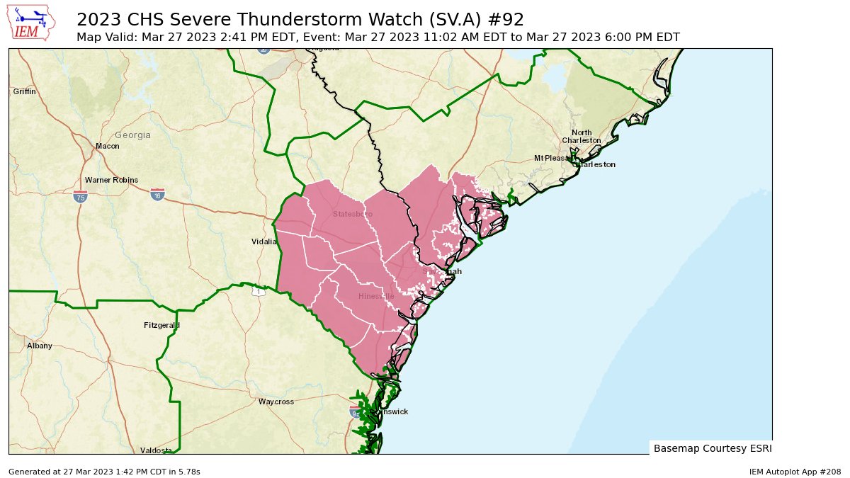 iembot_chs's tweet photo. CHS updates Severe Thunderstorm Watch (cancels Jenkins, Screven [GA] and Hampton [SC], continues Bryan, Bulloch, Candler, Chatham, Effingham, Evans, Liberty, Long, McIntosh, Tattnall [GA] and Beaufort, Jasper [SC]) till Mar 27, 6:00 PM EDT https://t.co/6trbvaGERN https://t.co/agkUPBSD11