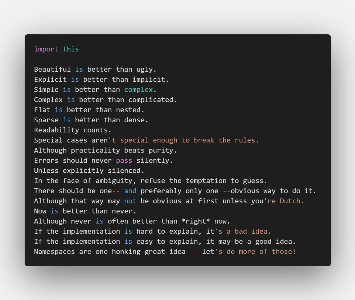 alexisdaraujoc's tweet image. Zen of Python 🐍 #CodedexZenOfPython @codedex_io