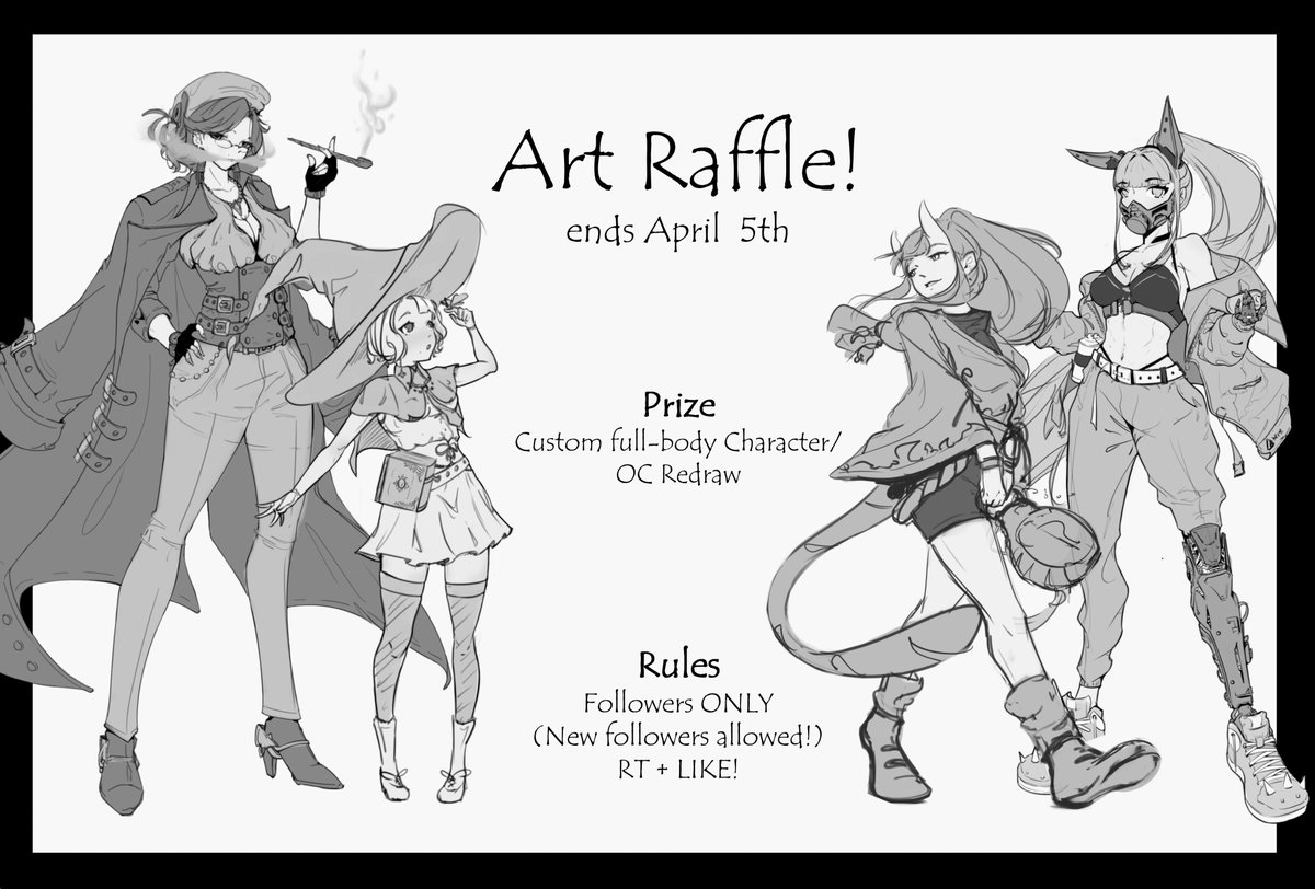 ✨RAFFLE TIME!✨

Prize:
🔸A full-body custom character / OC redraw!
🏆1x winner! (+1 if we hit 800 followers!)

Rules:
♦️ Follow
♦️❤️ &amp; RT
♦️ Comment (Your idea/ ref!) (optional)

⚠️Ends: April 5th, 2023.

Thanks for the cont. support everyone!

#raffle #artraffle #artmoots #art