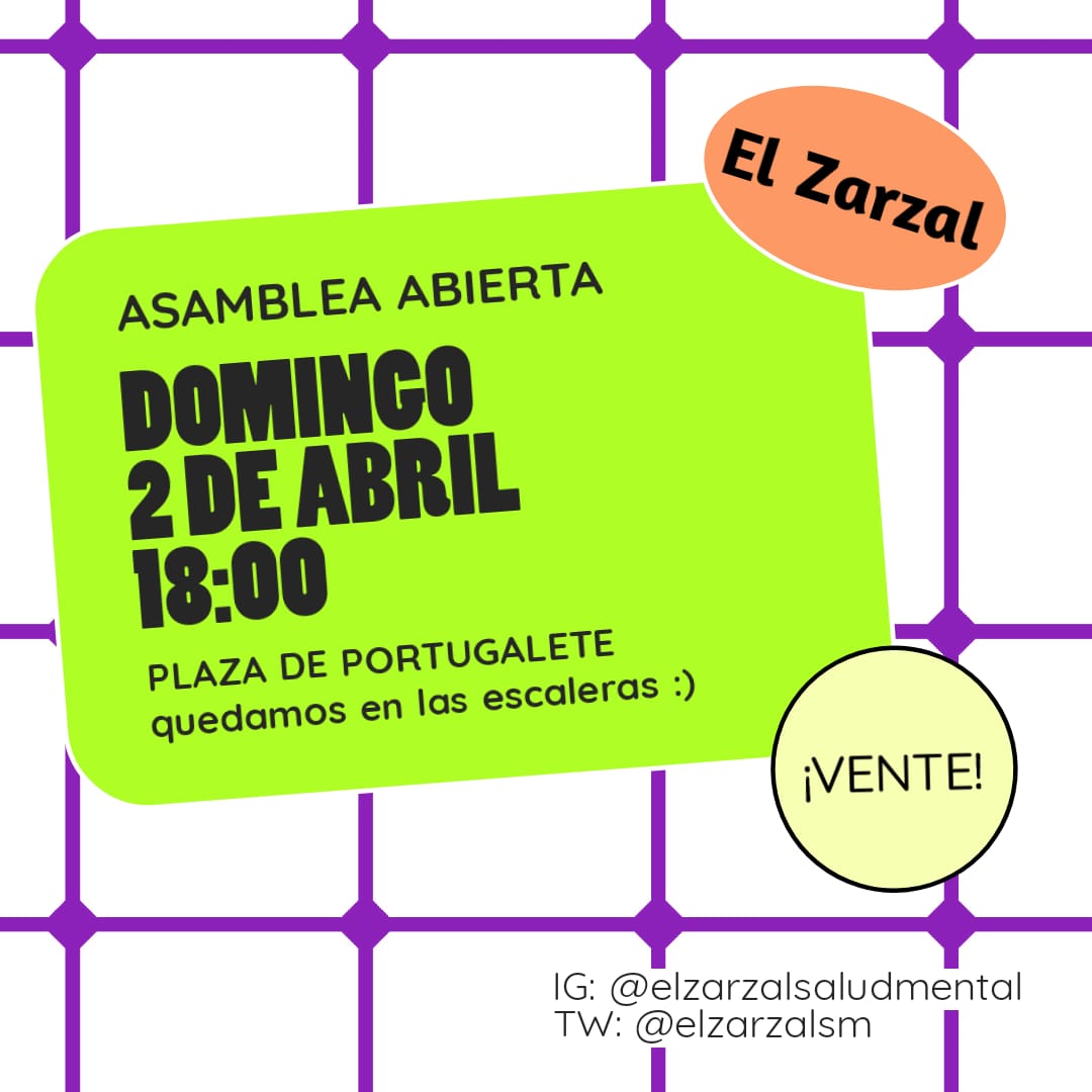 El Zarzal convoca una asamblea abierta el día 2/04 a las 18h en la Plaza de Portugalete. El proyecto, a través de actividades diversas (proyecciones, podcast, charlas, presentaciones, etc), pretende crear un espacio de reflexión sobre salud mental en la ciudad de Valladolid. ✊