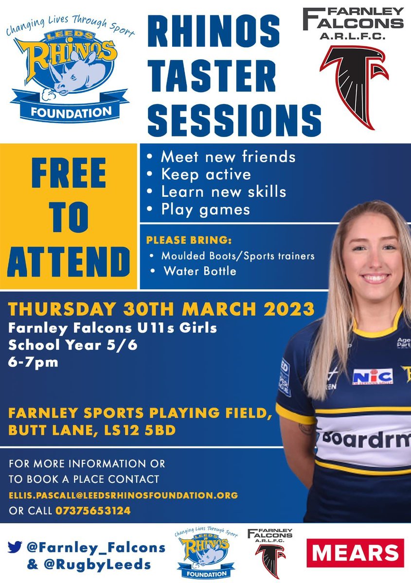 Farnley Falcons RLFC (@farnley_falcons) on Twitter photo Yes Layla!!!!!
If you're looking for somewhere for your daughter to start their own #RugbyLeague journey, we have a team for them!
Girls only teams for years 5 6 7 8 9 & 10
We also have <a href="/leedsrhinos/">Leeds Rhinos</a> coming to The Nest this week to lead a Girls rugby taster session for year 5+6 Yes Layla!!!!!
If you're looking for somewhere for your daughter to start their own #RugbyLeague journey, we have a team for them!
Girls only teams for years 5 6 7 8 9 & 10
We also have <a href="/leedsrhinos/">Leeds Rhinos</a> coming to The Nest this week to lead a Girls rugby taster session for year 5+6