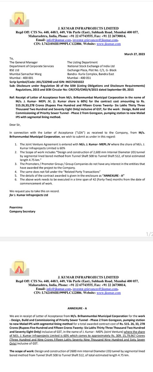 MarketVedantA's tweet image. J. Kumar Infraprojects Ltd receives LoA from Brihanmumbai Municipal Corporation

#JKumarInfraprojects  #JKIL #LoA #Construction #Engineering #OrderWin #BMC