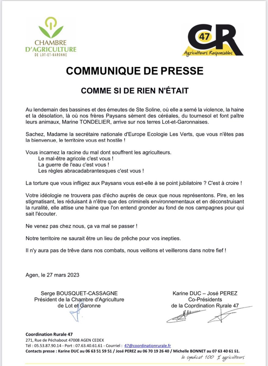 Je découvre ce communiqué qui menace de violences Marine Tondelier pour la dissuader de se rendre dans le Lot-et-Garonne. ⁦<a href="/ChambagriFrance/">Chambres d'agriculture France</a>⁩ , soutenez-vous ce communiqué?
⁦<a href="/Prefet47/">Préfet de Lot-et-Garonne 🇫🇷 🇪🇺</a>⁩ doit garantir que ce territoire français n’est pas une zone de non-droit.