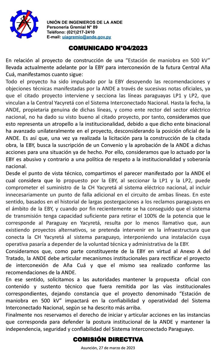 Comunicado UIA 04/2023 relacionado al proyecto de construcción de una estación de maniobra en 500kV para interconexión de la futura central Aña Cúa llevada al frente por la Entidad Binacional Yacyretá <a href="/ABCDigital/">ABC Digital</a> <a href="/UltimaHoracom/">Última Hora</a>