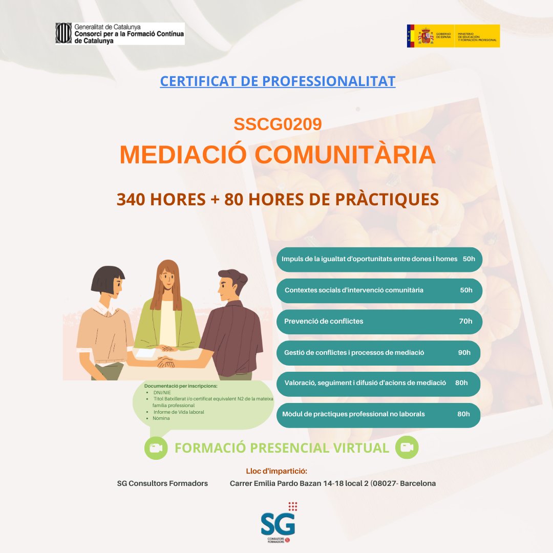 SG_Consultors's tweet photo. Coneixes la #mediaciócomunitària?📚🙋‍♀️ 
🔎Visita la nostra web i descobreix la professió.
Cursos disponibles al nostre centre. Modalitat #virtual - #Presencial 
https://t.co/nNUg2WyiI5 https://t.co/0BzCoUSjjQ