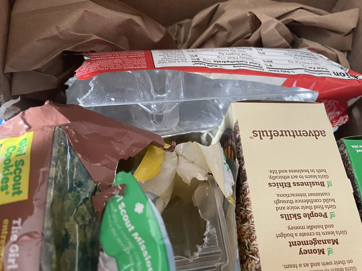 AlexisRajah's tweet photo. The excitement n ordering @girlscouts makes the shipping wait worth it. Mine took longer due2 1of my selections being out. When they were delivered 2day I 🏃🏻‍♀️2 my door. The extreme disappointment when I opened my very light📦tht had a visible hole &amp; all my cookies had been EATEN!! https://t.co/OhXUikipiD