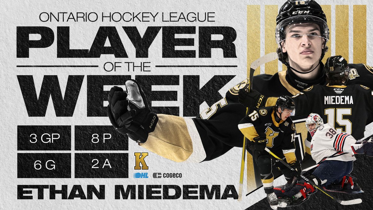 KingstonFronts's tweet photo. Ethan Miedema has been named the OHL Player of the Week. In 3 games played last week, the #NHLDraft prospect scored 6 goals and added 2 assists for 8 points.

Congratulations, @ethanmiedema_!

#FrontsHockey | @OHLHockey | @CHLHockey https://t.co/TOhXtXwNH5