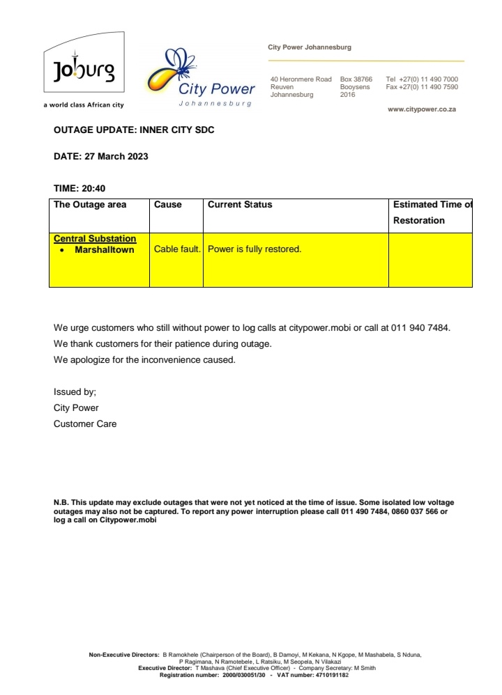CityPowerJhb's tweet photo. #Update 
#InnerCityOutage 

Power is fully restored #CentralSub ^HN https://t.co/wJTzguqkBt