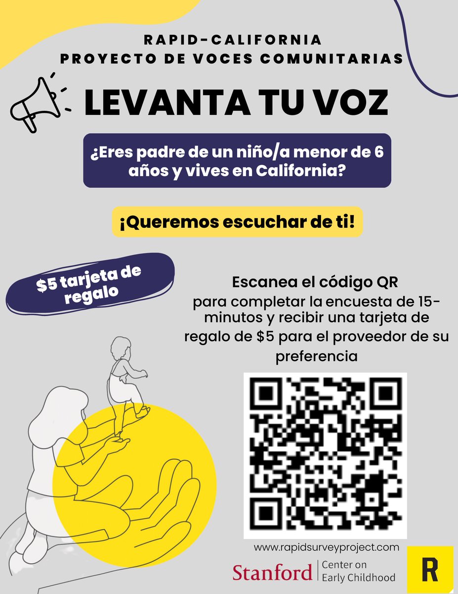 @First5CA is part of the RAPID-CA Voices Project focused on surveying 10k families with children ages 0-5 across the state to lift their experiences. Share your story by taking this 10-min online survey by March 31st! @RapidSurvey #StanfordCenterOnEarlyChildhood