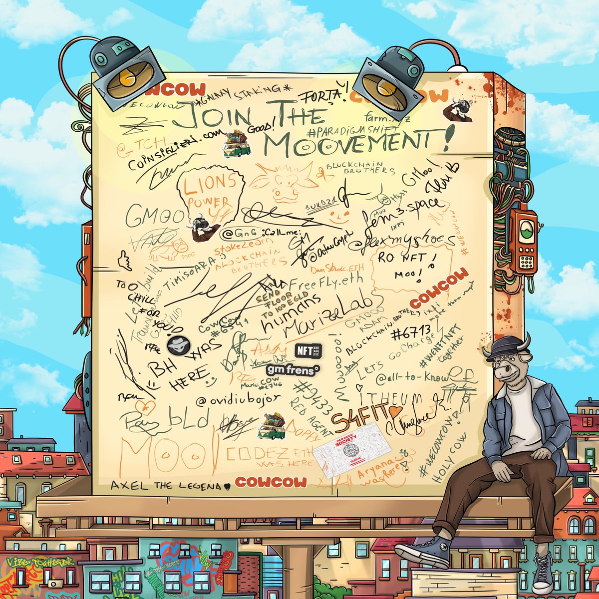 wecowcow's tweet image. We enjoyed a lot @nft_bucharest and we decided to make it memorable.

At the event, we invited the entire audience to sign or draw on our canvas. The result was awesome, with everybody present leaving their mark on it. 

Next step now, time to make a difference. Together with our…