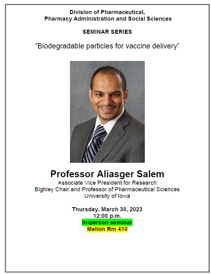 Super-excited to host ⁦<a href="/AliasgerSalem/">Aliasger Salem</a>⁩ this week ⁦<a href="/DuquesnePharm/">Duquesne Pharmacy</a>⁩!