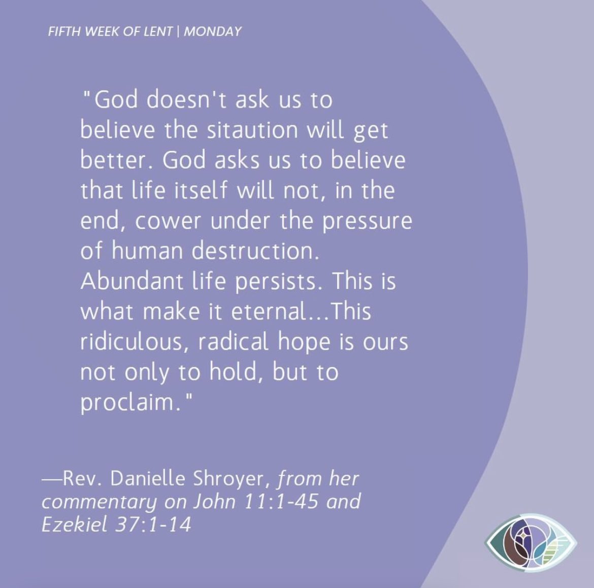 Broadmeadow UMC (@broadmeadowumc) on Twitter photo "Do you dare to believe—and even trust—that the power of life does not ever go underground in such a way that God cannot revive it in glory?"
—Rev. Danielle Shroyer (<a href="/dgshroyer/">Danielle Shroyer</a>), from her commentary on John 11 and Ezekiel 37 | <a href="/sanctifiedart/">A Sanctified Art</a> "Do you dare to believe—and even trust—that the power of life does not ever go underground in such a way that God cannot revive it in glory?"
—Rev. Danielle Shroyer (<a href="/dgshroyer/">Danielle Shroyer</a>), from her commentary on John 11 and Ezekiel 37 | <a href="/sanctifiedart/">A Sanctified Art</a>
