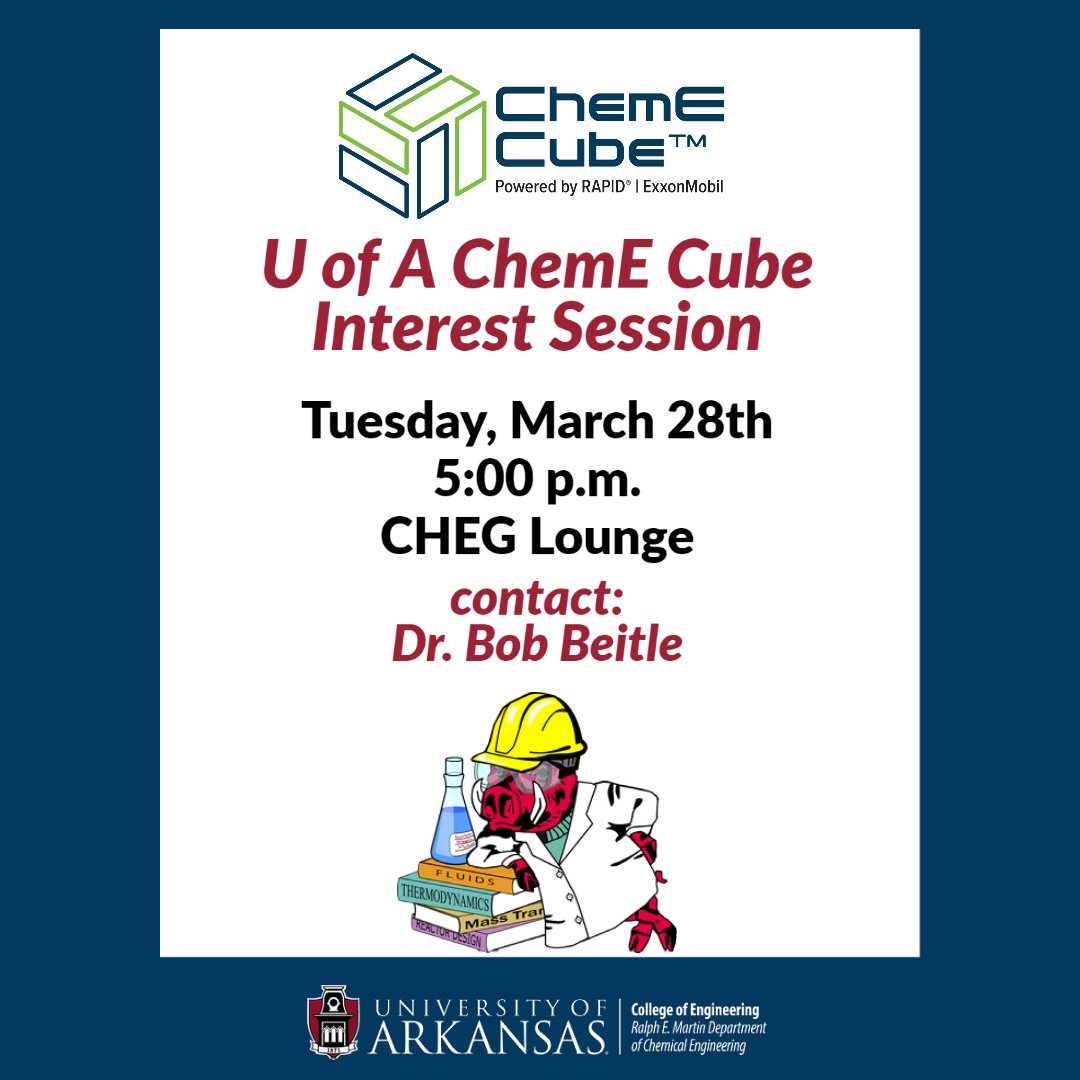 CHEG_UARK's tweet photo. Check out the ChemE Cube interest session today, 5:00 p.m., CHEG Lounge w/ Dr. Beitle!

ChemE Cube is an American Institute of Chemical Engineers  competition where university teams build chemical plants in one cubic foot of space. 
 
#cheguark #chemicalengineering https://t.co/MAUULk7NUt