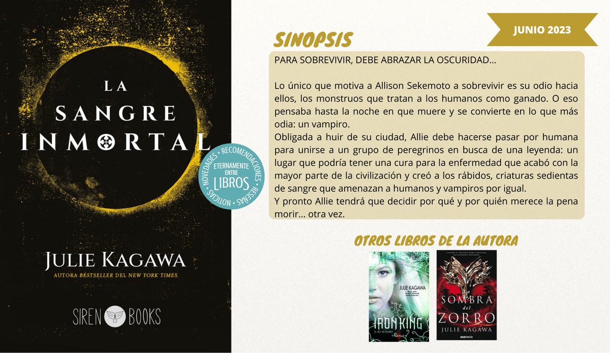 Llega al fin en español #LaSangreInmortal, primera parte de la saga #SangreDelEdén de <a href="/Jkagawa/">Julie Kagawa</a>, autora de la saga #TheIronFey.