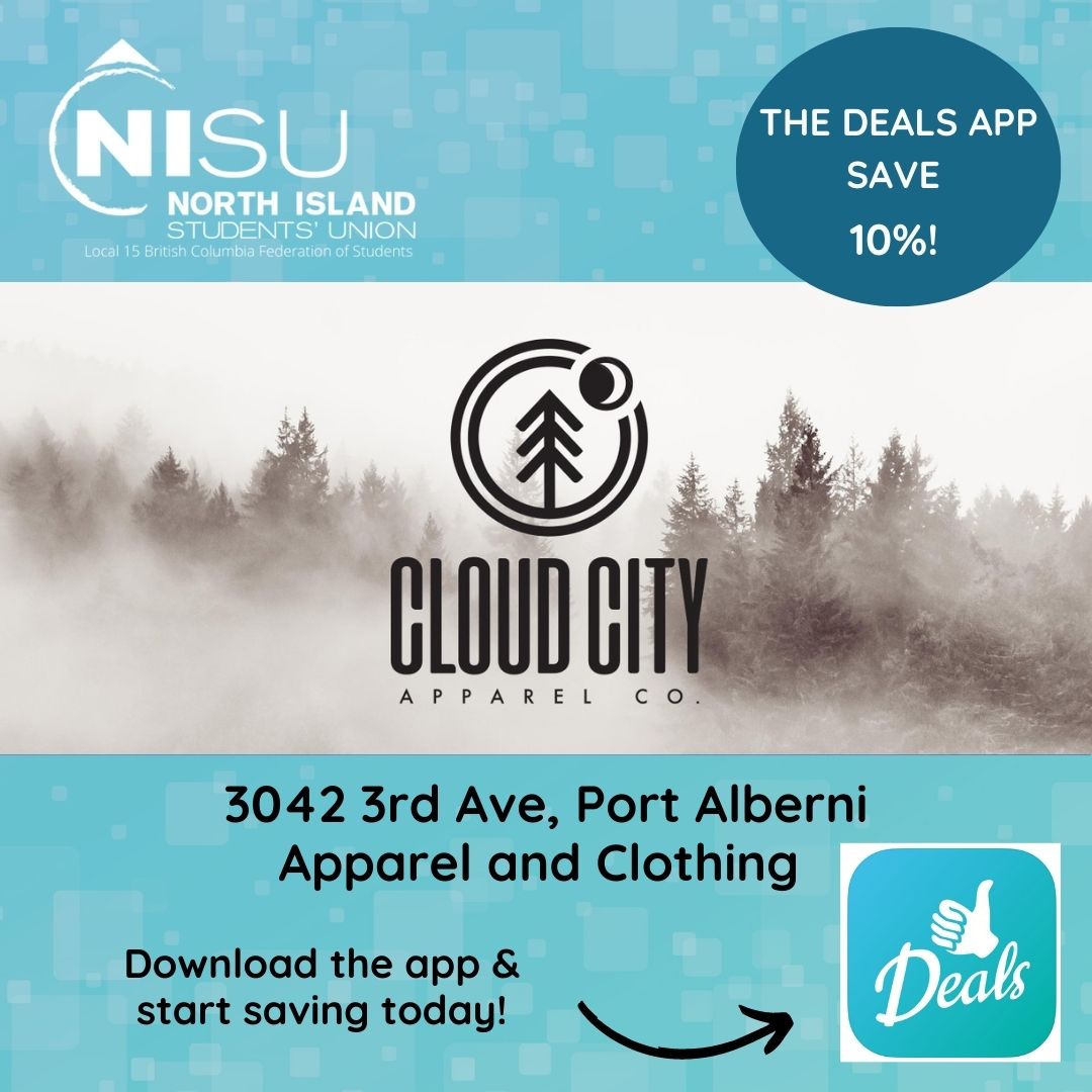 nisu_bcfs's tweet photo. Need new clothing? Use @the_dealsapp to save money and support https://t.co/hCWgcVjJ3H in Port Alberni. 10% off all Cloud City Apparel brand clothing. #cloudcityapparel #thebcfs #bcstudents #thedealsapp #nicstudentlife https://t.co/QdK5T8GOFT