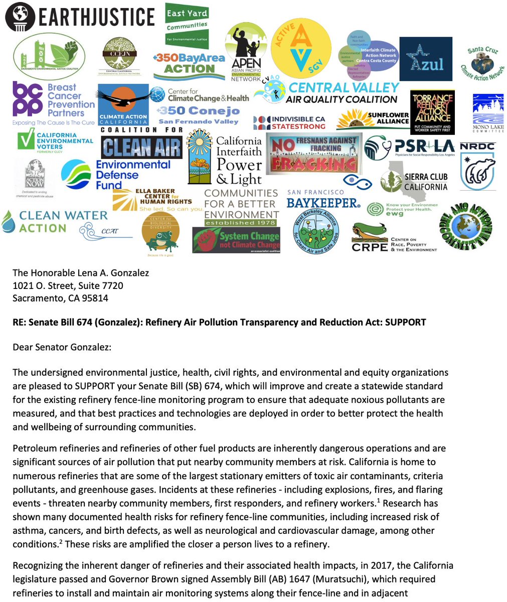 Refinery emissions are significantly higher than what’s reported to regulators &amp; the public. 

That's why 40 #EnvironmentalJustice, health, civil rights, environmental &amp; equity organizations are supporting #SB674 to strengthen CA's fenceline monitoring program. #CARefineryDangers