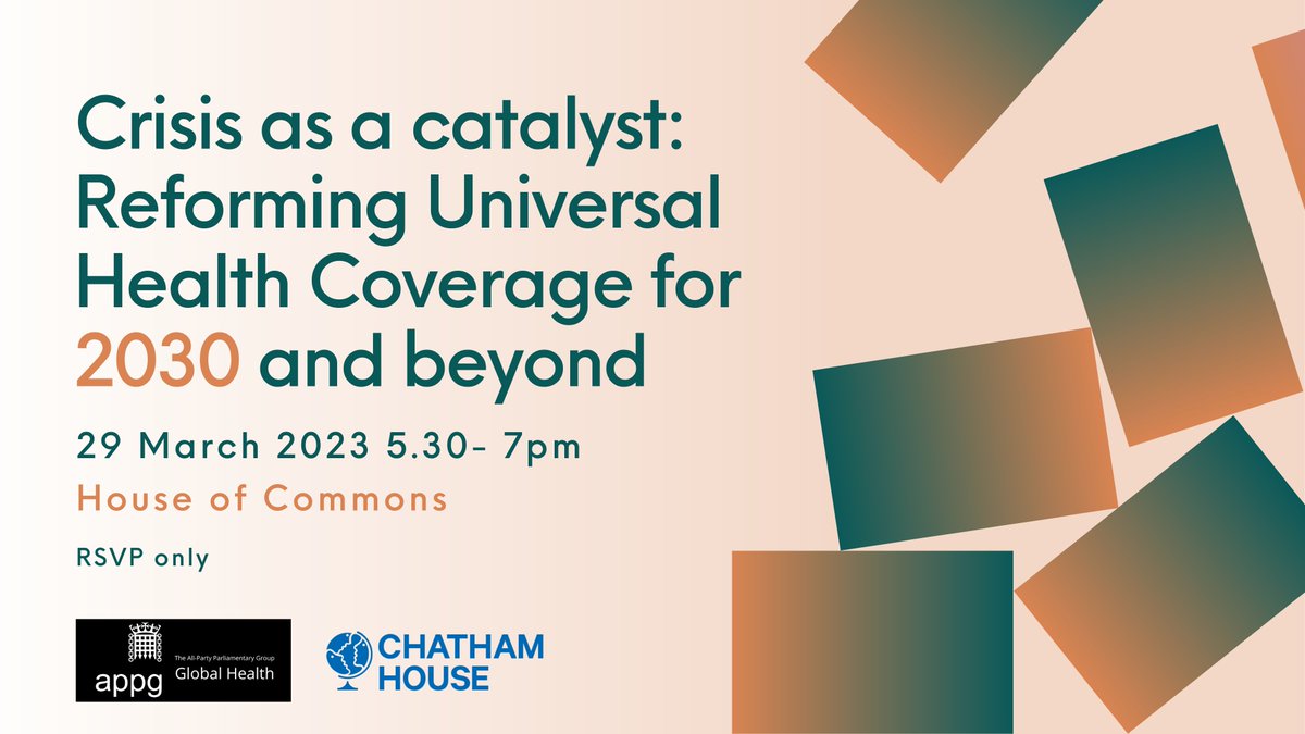 This week we're hosting an event with @CHGlobalHealth exploring new approaches for achieving #UHC. 

Hear from our co-chairs Baroness Ilora Finlay & Dr Dan Poulter, @yates_rob, @usuprun & @HelenClarkNZ.

🗓️ March 29 at 7pm
📍 House of Commons
✉️ RSVP below
chathamhouse.org/events/all/res…