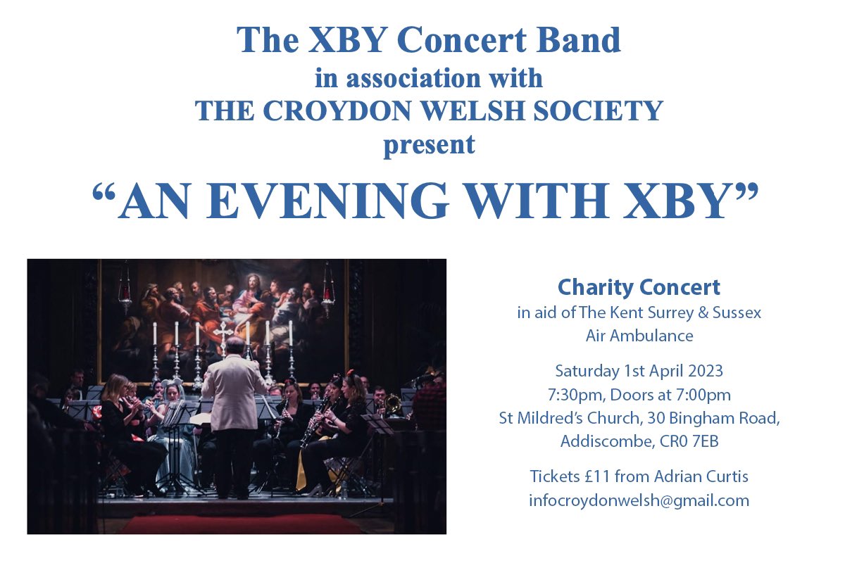 xbyconcertband's tweet photo. Five days to go until our concert 🎶 

‘An evening with XBY’ a charity concert for Kent, Surrey and Sussex Air Ambulance

Saturday 1st April 7:30pm at St Mildred’s Church, Addiscombe 

Tickets - £11 https://t.co/xRMZOnracg