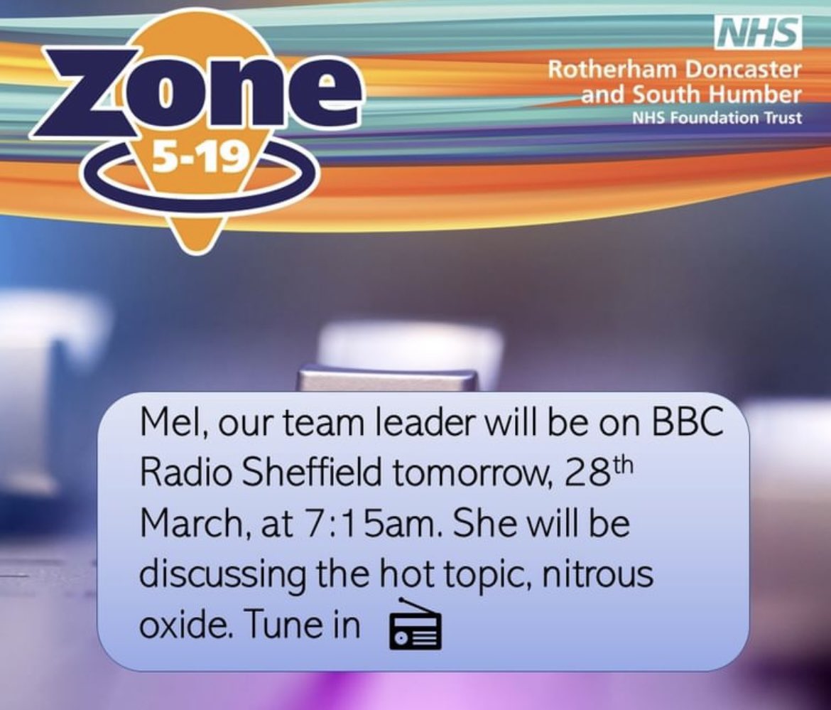 Our young person sexual health and substance misuse team are on <a href="/BBCSheffield/">BBC Sheffield</a> tomorrow morning March 28th talking about nitrous oxide <a href="/rdash_nhs/">RDaSH NHS FT</a> <a href="/Doncaster_SN/">Doncaster SN</a> <a href="/zone5_19/">Doncaster Zone 5-19</a> <a href="/MyDoncaster/">City of Doncaster Council</a> <a href="/DoncasterYAS/">Doncaster Young Advisors</a> <a href="/DonYouthCouncil/">Doncaster Youth Council</a> <a href="/Doncaster_Youth/">Doncaster Youth</a>