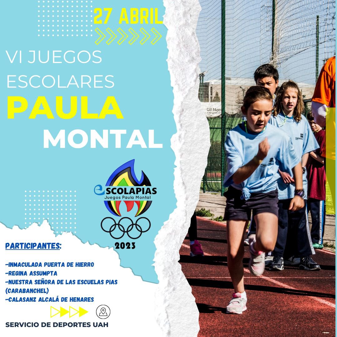 Calasanzalcala's tweet photo. El 27 de abril se celebrarán los VI JUEGOS ESCOLARES PAULA MONTAL.
Una jornada en la que todos los colegios de nuestra fundación competirán entre ellos disfrutando del deporte y de la experiencia.
#Calasanz #escolapias #madrepaula
#educación #innovaciónpedagógica
#primaria #BTO https://t.co/tGJsCGbESg