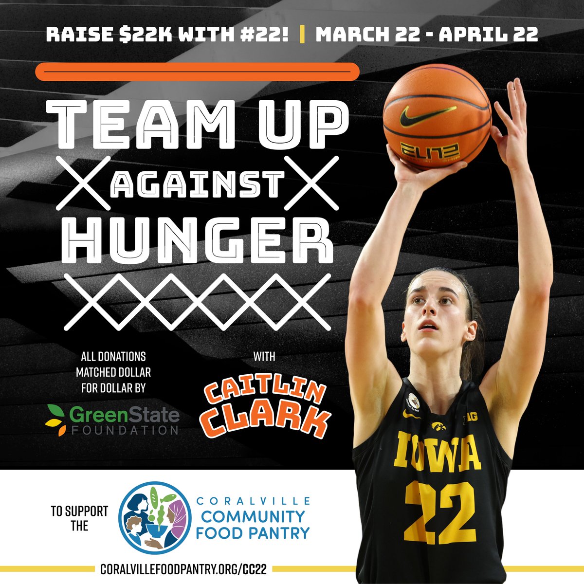 coralvillefood's tweet photo. Caitlin Clark made history last night. Today, she's helping her neighbors access the food they need. Help #22 raise $22K for the Food Pantry by making a gift of $22 or more at https://t.co/hCGO9BmRwx All donations will be DOUBLED by @GreenStateCU. @CaitlinClark22 https://t.co/T468qVaXOe