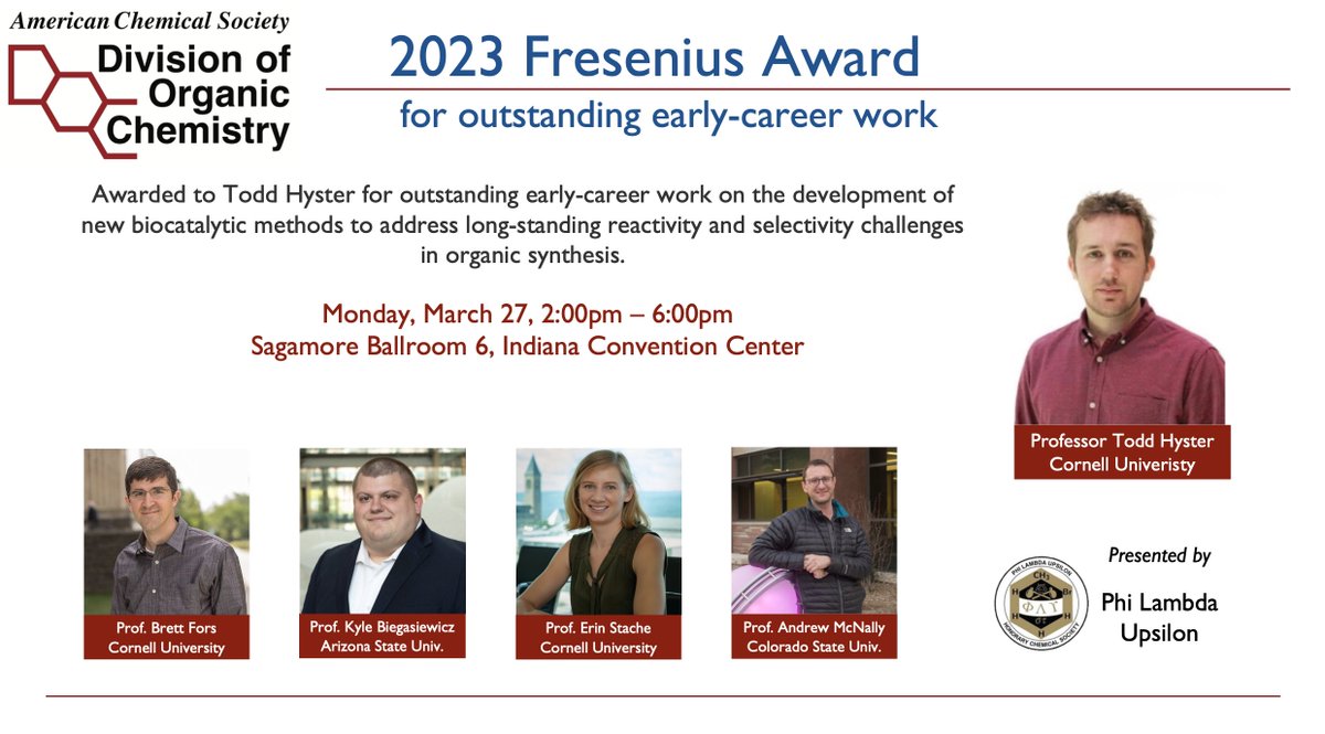 Congratulations to Todd Hyster, recipient of the 2023 Fresenius Award. @ACSorganic is honored to host this afternoon's symposium from 2pm to 6pm today in Sagamore 6! @brett_fors @KFBChem @stache_lab @AndyMcNally367 @HysterLab #ACSSpring2023