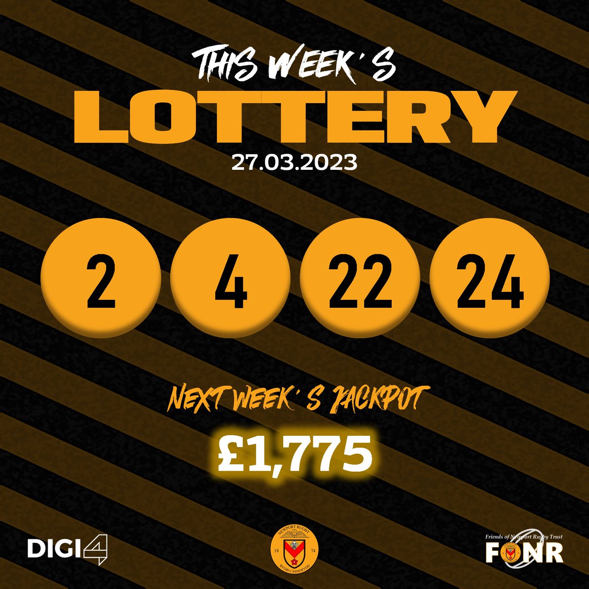 NewportRFC's tweet photo. 🎱 LOTTERY | Here are tonight's winning numbers, kindly drawn by Craig at the Red Lion Inn.

No winners this week so it's another rollover next week! Get your tickets now for just £1 on the @DIGI4_ app or at https://t.co/LSj7KykQCd.

#COTP #YmlaenCasnewydd https://t.co/VAgAiFWxZE