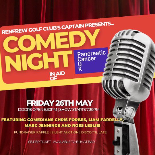 #ForeTheLaughs #TeeHeeHee🤪 🤣

Our Captain invites you to join us for a hole-in-one night of comedy in aid of Pancreatic Cancer UK!

We've got a lineup of comedians that'll have you rolling on the greens, including some rising stars in the Scottish comedy scene.