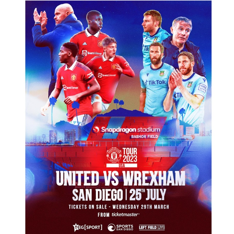Wrexham_AFC's tweet photo. “We’re looking forward to being able to play in the United States for the first time in the Club’s history. The match against Manchester United is sure to be a memorable occasion at the Snapdragon Stadium, San Diego." 👇

🔴⚪ #WxmAFC