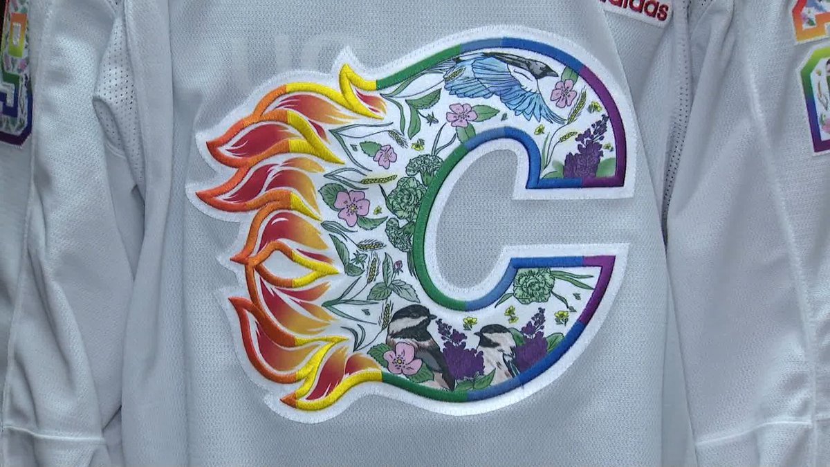 Here's a closer look at the Pride Night jerseys the Flames will wear for warmups tomorrow! Gorgeous design by local artist Megan Parker. Rasmus Andersson, Dillon Dube and MacKenzie Weegar all stepped forward saying they wanted to model the uniform.