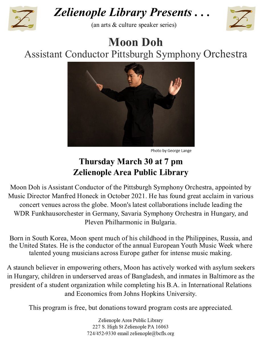 LZelienople's tweet photo. Thursday Night at 7 pm meet Moon Doh, assistant conductor of the Pittsburgh Symphony Orchestra. https://t.co/LWB7ZoOHdy