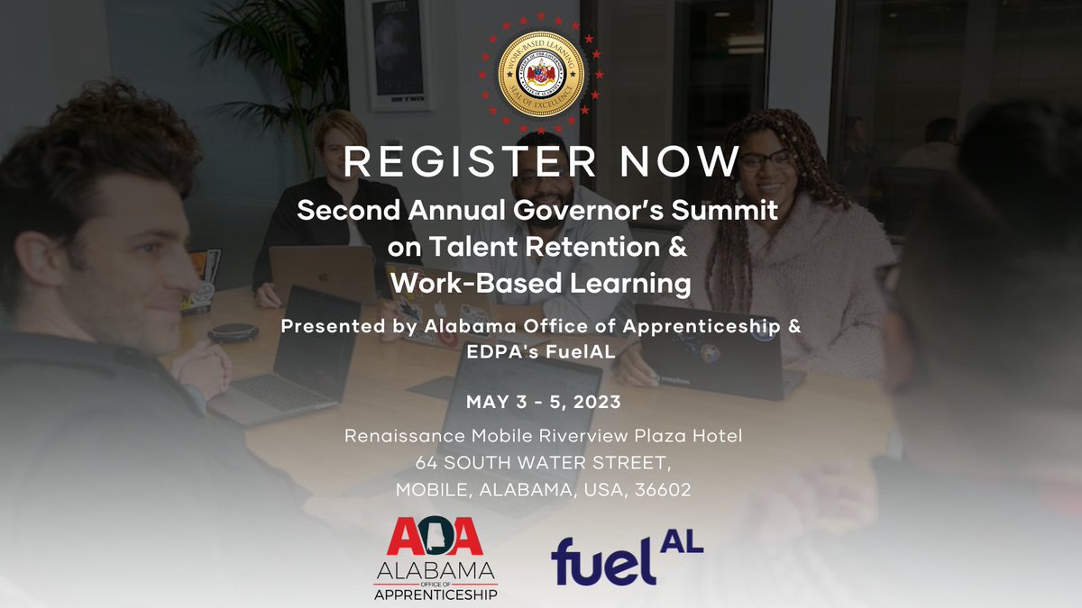 fuelalabama's tweet photo. Topics range from recruiting and retaining diverse talent to connecting and engaging with the next great generation at the Second Annual Governor’s Summit on Talent Retention and Work-Based Learning! Register and book your room today here📲https://t.co/AsuEowMHQc https://t.co/BP1Yygzljo