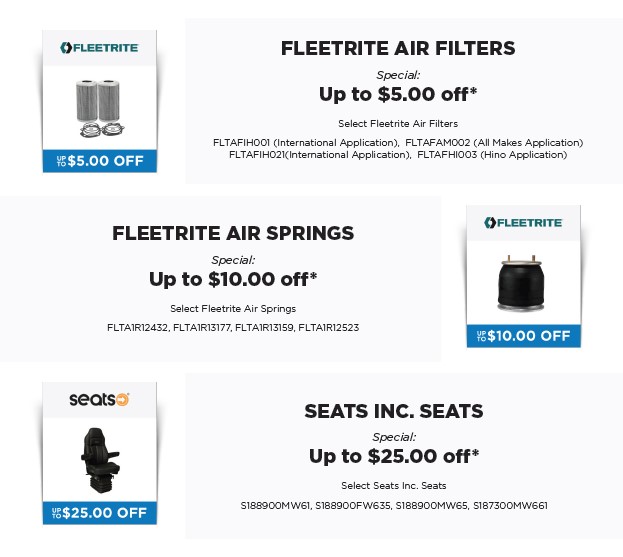 Parts Flash Sale! Save big on select Fleetrite air filters, Fleetrite air springs, and Seats Inc., seats. Visit RepairLinkShop.com to jump on these savings. Offers valid now through March 31, 2023.

#WeGoTheExtraMile
#TheAscendanceDifference
#InternationalTrucks